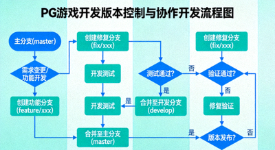 PG游戏开发版本控制与协作开发流程图，展示分支管理与合并策略